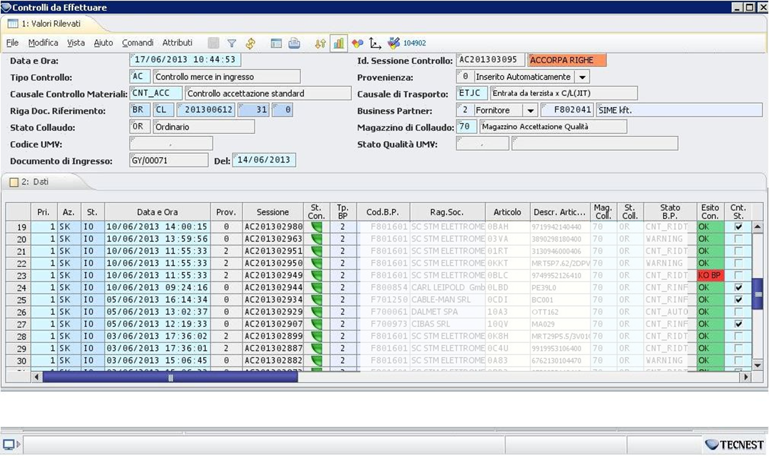 Schermata software TQM J-Flex 4.U di Tecnest Controlli in produzione